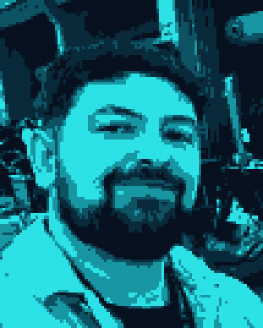 Jorge Núñez López en un evento de desarrollo de videojuegos, retrato en pixel art cian